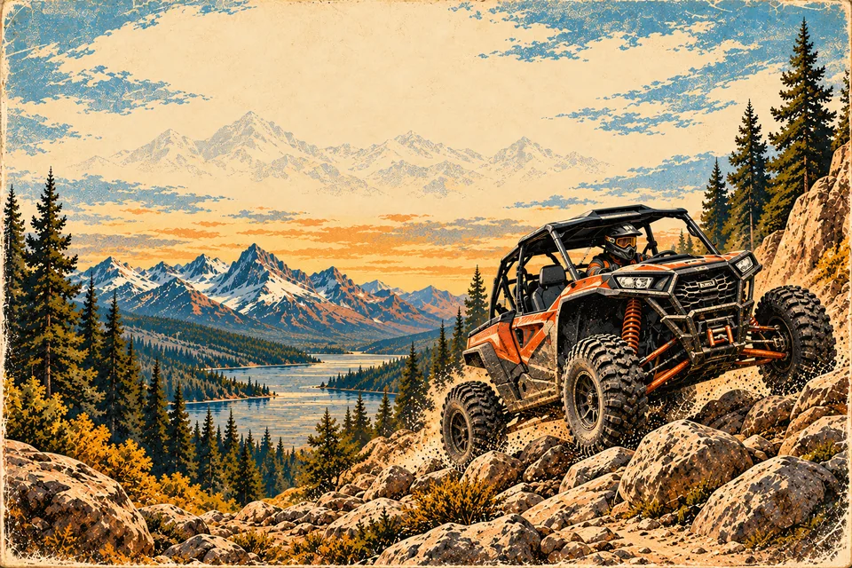 Modern UTV and helmeted rider on a rocky trail.