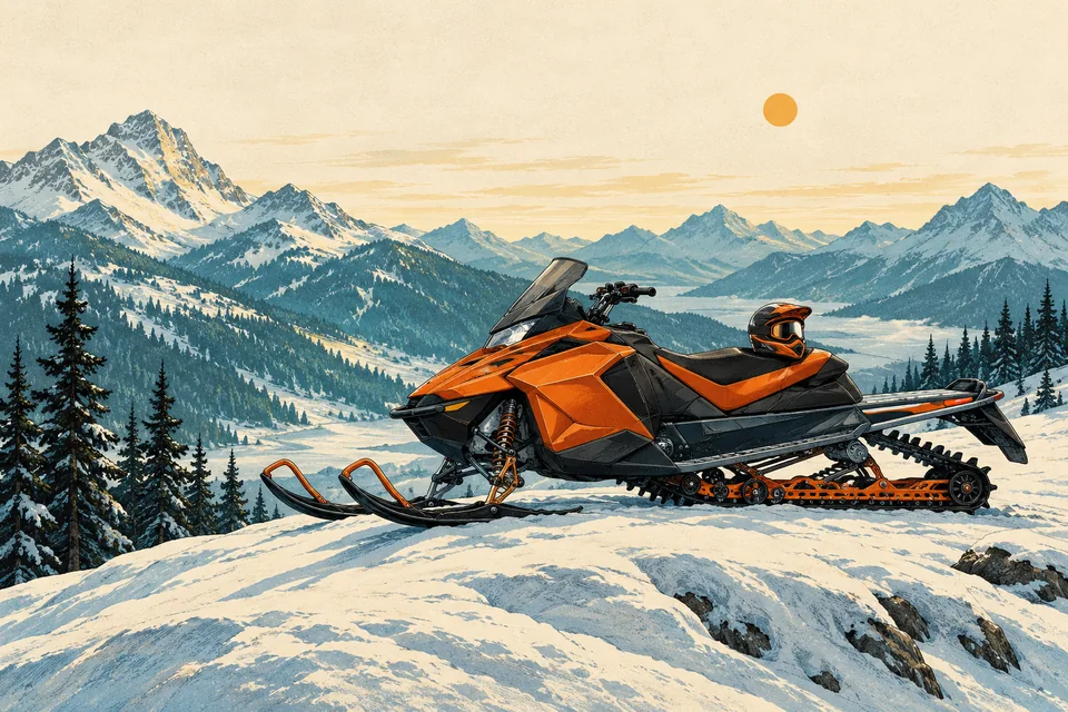 Modern snowmobile and helmet on a snowy mountain ridge.