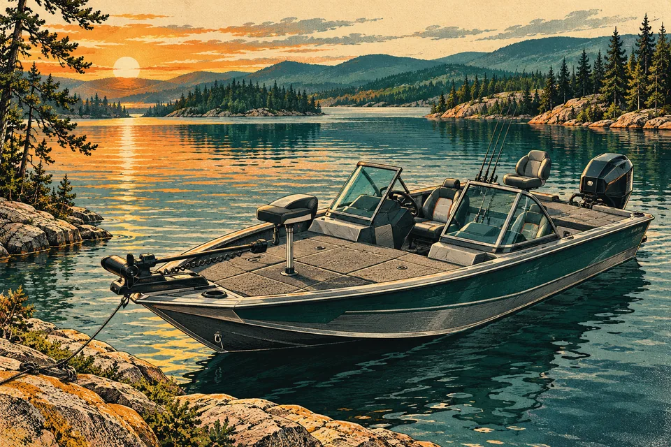 Modern fishing boat on a northern lake, rendered in vintage magazine inks.